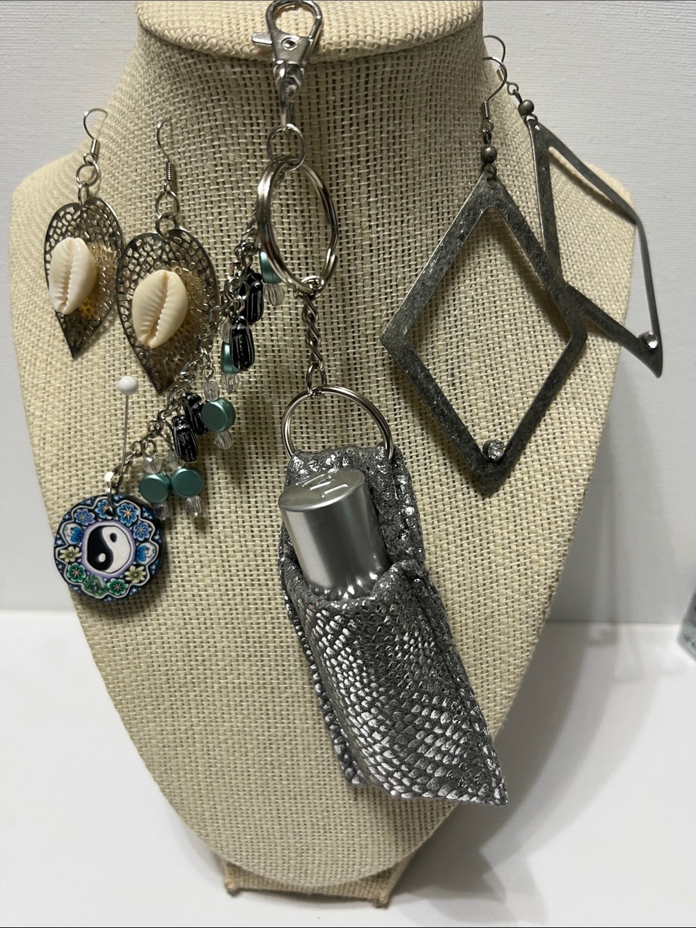 Gift Set Silver Detachable Keychain Lip Balm Holder Purse Charm 2 pr Earrings